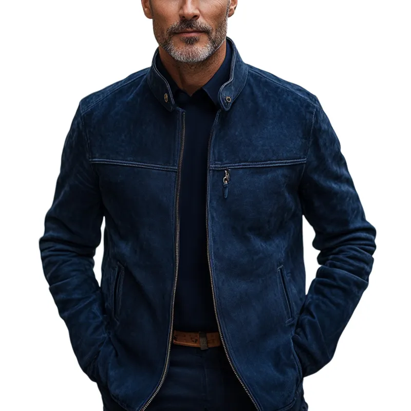 Men's Vintage Navy Suede Stand Collar Zip-Up Jacket 75171071U sold by Manly