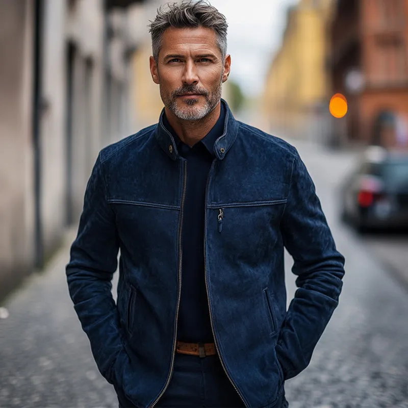 Men's Vintage Navy Suede Stand Collar Zip-Up Jacket 75171071U sold by Manly product image thumbnail 2