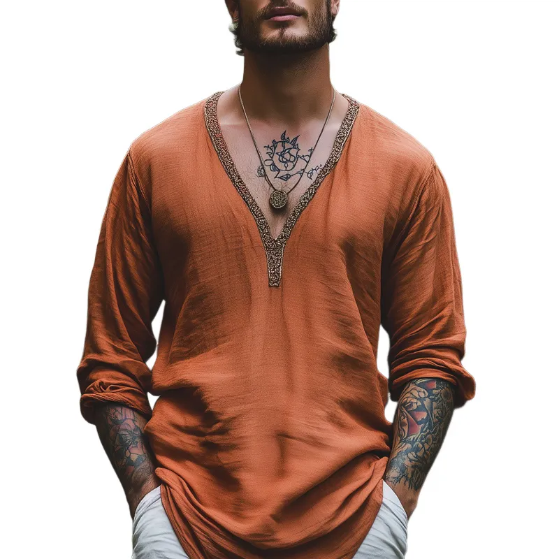 Men's Casual Orange Deep V-Neck Cotton and Linen Long Sleeve T-Shirt 07563703U sold by Manly