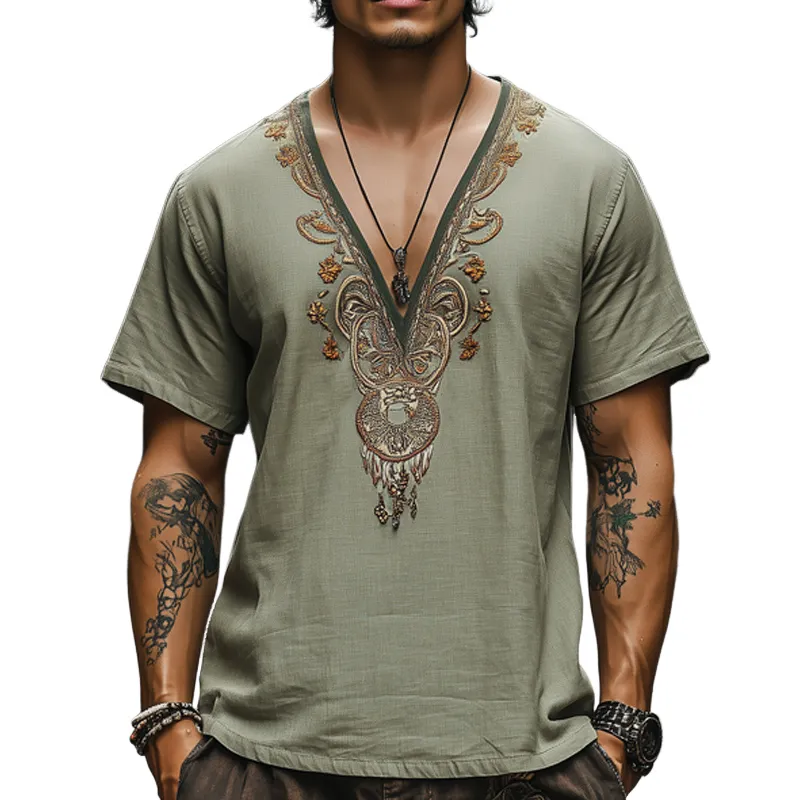 Men's Deep V Neck Olive Cotton and Linen Embroidered Short Sleeve T-Shirt 90867049U sold by Manly