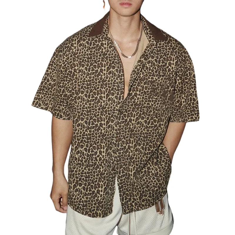 Men's Casual Loose Leopard Print Suede Collar Short Sleeve Shirt 08879795U sold by Manly