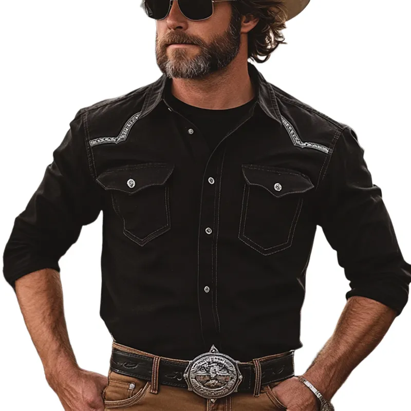 Men's Vintage Black Cotton Embroidered Long Sleeve Shirt 79031055U sold by Manly