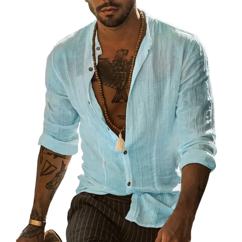 Men's Light Blue Ice Silk Wrinkled Long-sleeved Shirt 18103905U sold by Manly