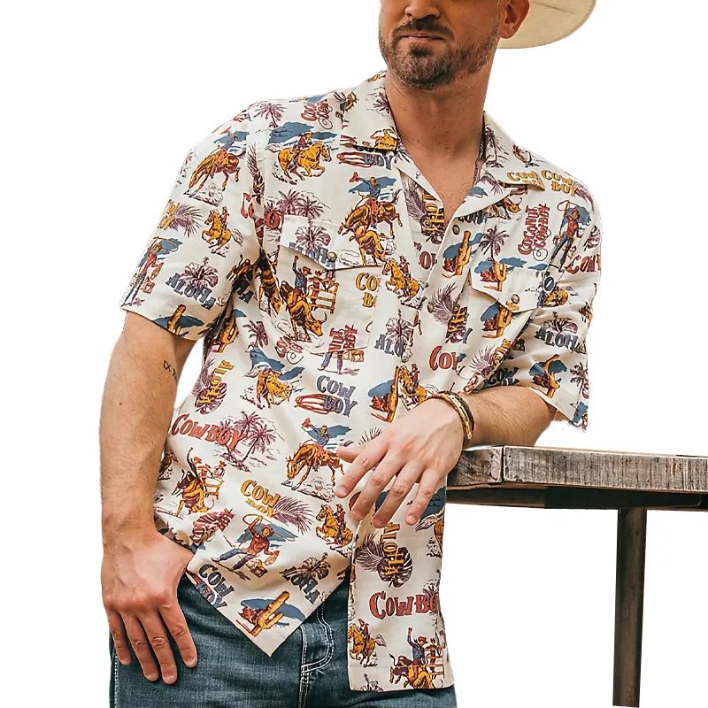 Men's Casual Western Denim Print Short Sleeve Shirt 99513367U sold by Manly