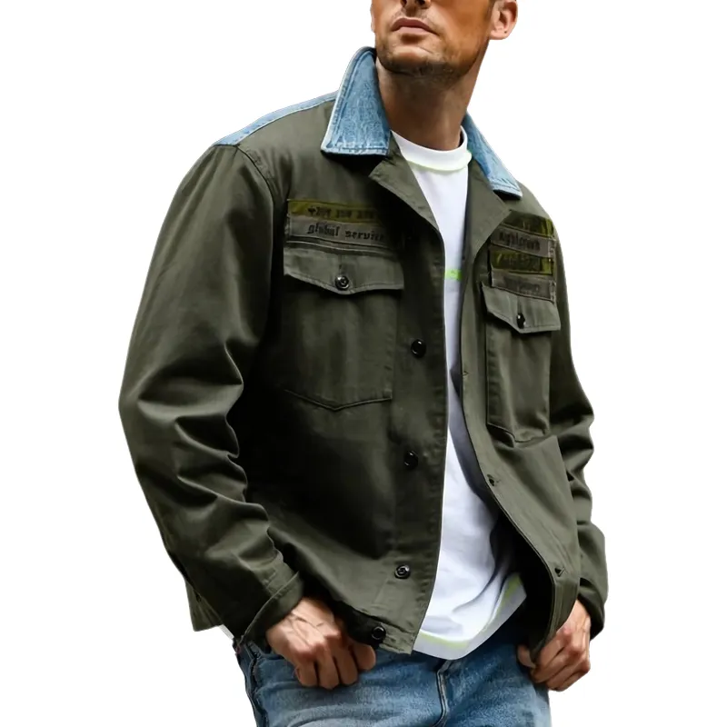 Men's Vintage Army Green Cotton Denim Patchwork Jacket 25505037U sold by Manly