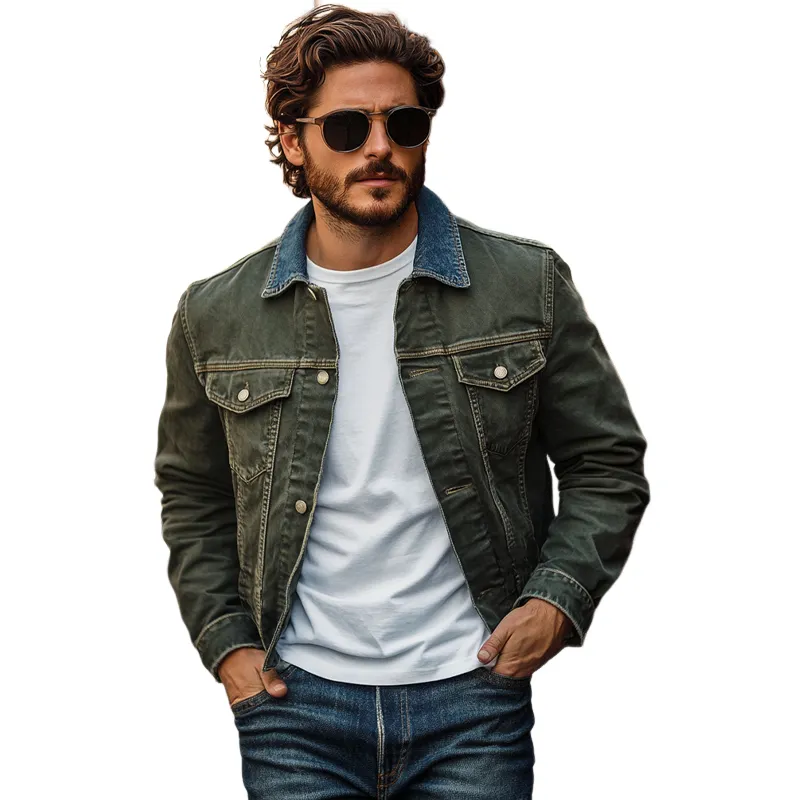 Men's Vintage Collar Patchwork Washed Denim Jacket 53523224U sold by Manly product image thumbnail 3