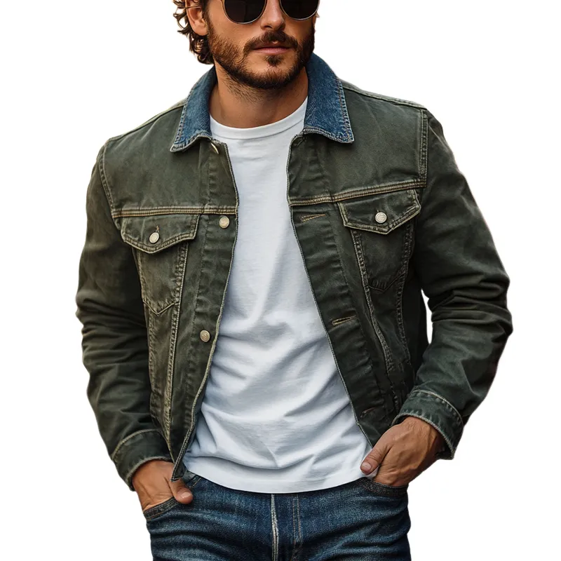 Men's Vintage Collar Patchwork Washed Denim Jacket 53523224U sold by Manly