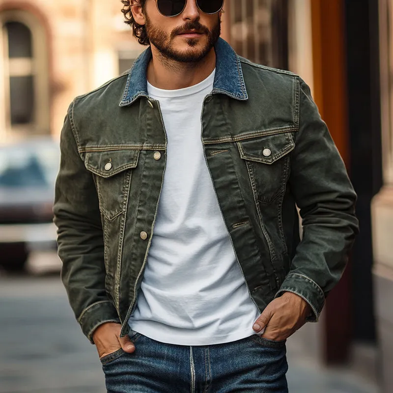 Men's Vintage Collar Patchwork Washed Denim Jacket 53523224U sold by Manly product image thumbnail 2