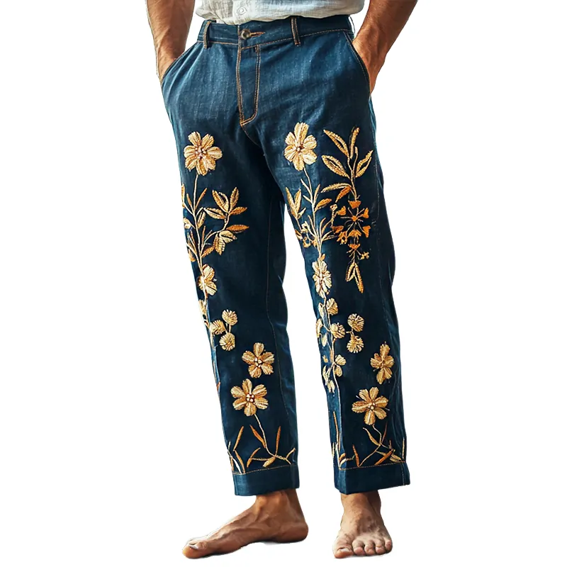 Men's Retro Casual Bohemian Embroidered Linen Trousers 79432020TO sold by Manly