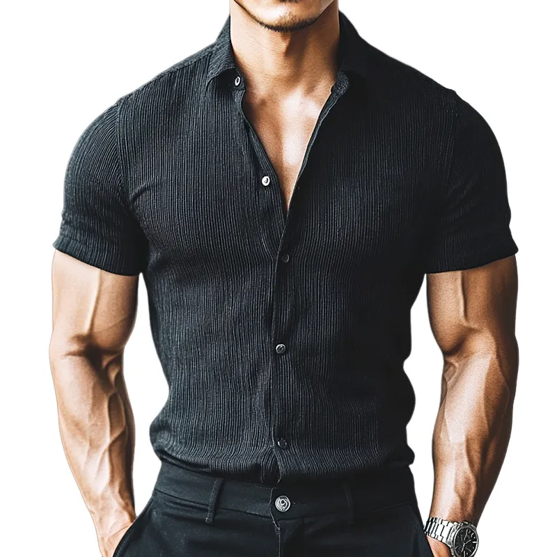 Men's Retro Casual Solid Color Striped Lapel Slim Fit Short Sleeve Shirt 35067255TO sold by Manly