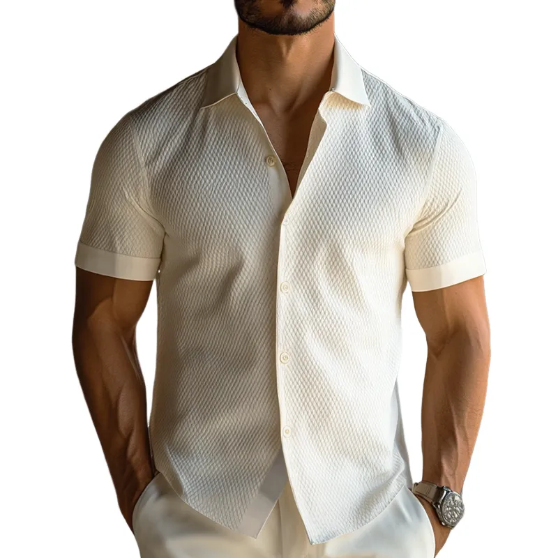 Men's Retro Casual Solid Color Small Plaid Lapel Short Sleeve Shirt 41206165TO sold by Manly