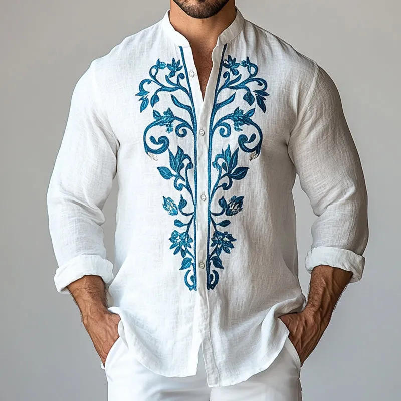 Men's Retro Casual Ethnic Style Embroidered Small Stand Collar Long Sleeve Shirt 94473507TO sold by Manly product image thumbnail 2