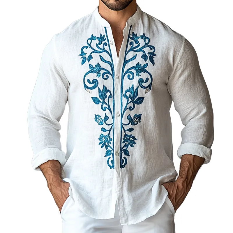Men's Retro Casual Ethnic Style Embroidered Small Stand Collar Long Sleeve Shirt 94473507TO sold by Manly