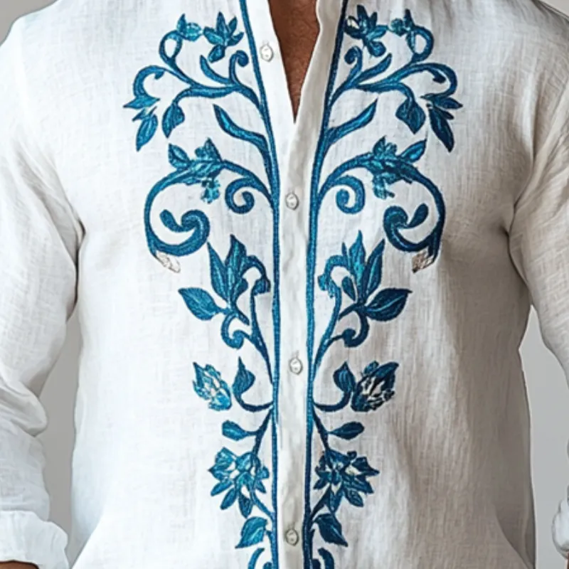 Men's Retro Casual Ethnic Style Embroidered Small Stand Collar Long Sleeve Shirt 94473507TO sold by Manly product image thumbnail 3