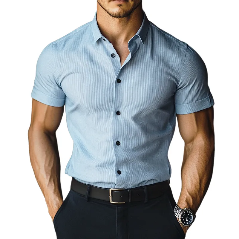 Men's Retro Casual Solid Color Striped Lapel Slim Fit Short Sleeve Shirt 44509156TO sold by Manly