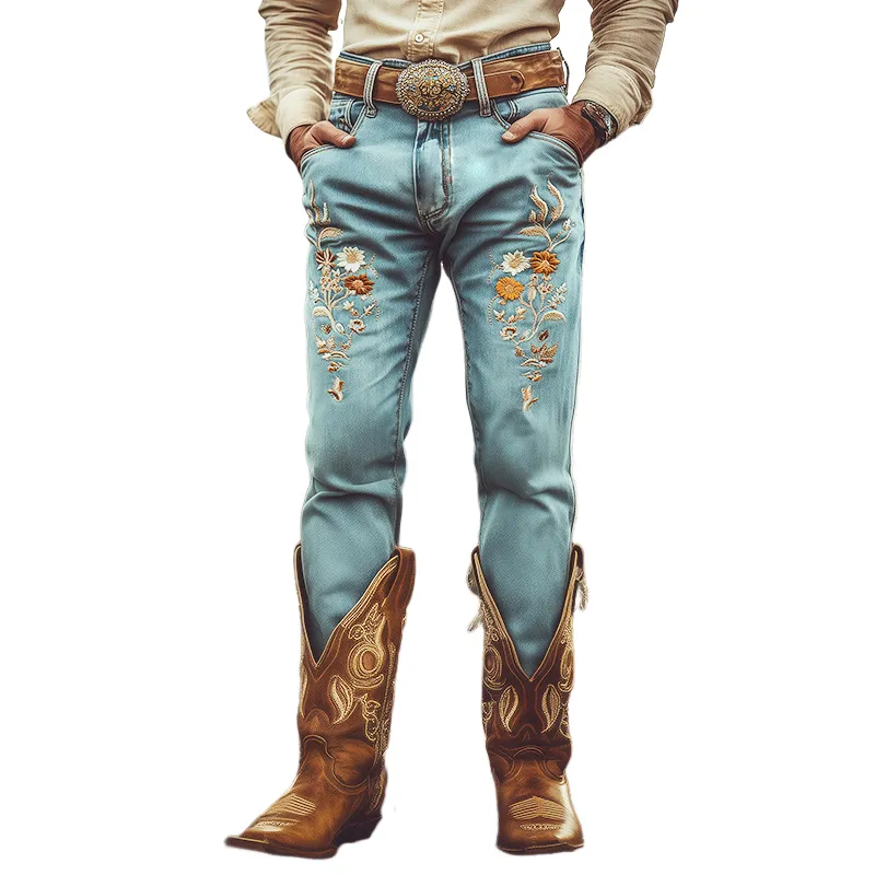 Men's Vintage Distressed Embroidered Western Cowboy Trousers 51105076TO sold by Manly