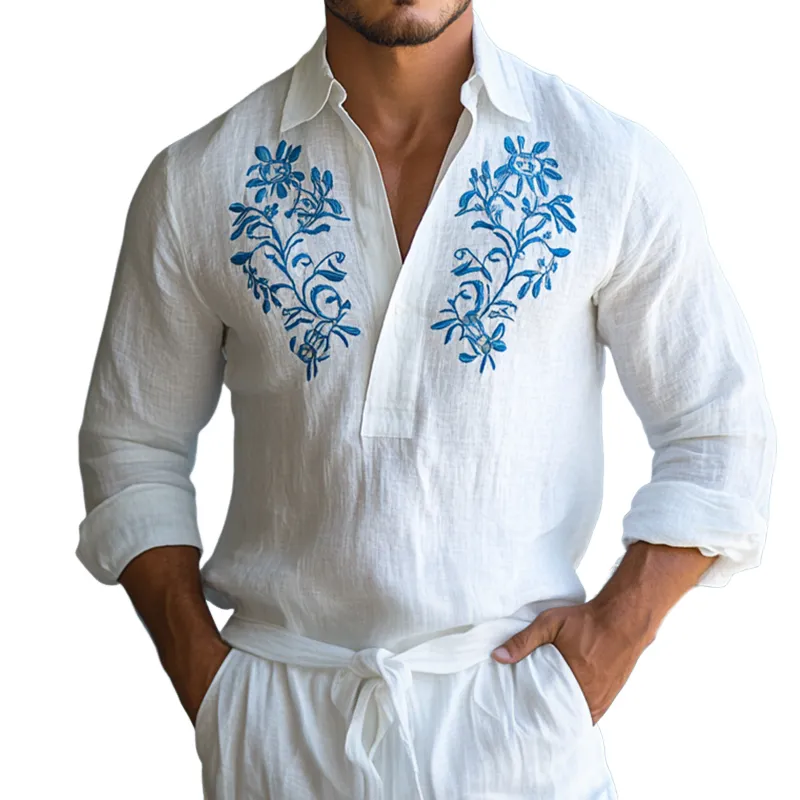 Men's Retro Casual Ethnic Style Embroidered Lapel Long Sleeve Shirt 20377983TO sold by Manly