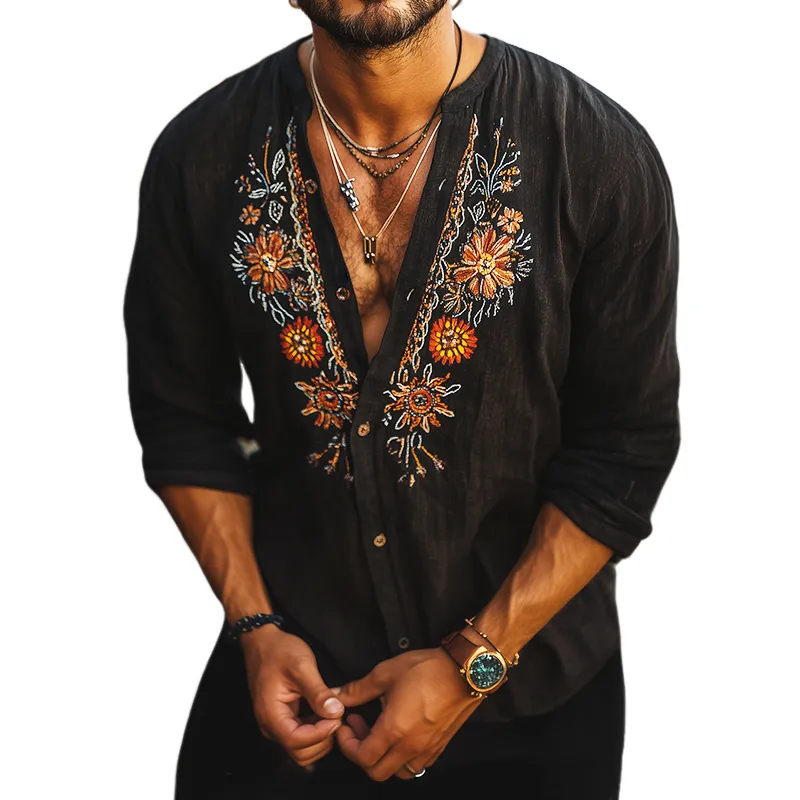 Men's Retro Casual Bohemian Style Embroidered Small Stand Collar Long Sleeve Shirt 74971368TO sold by Manly