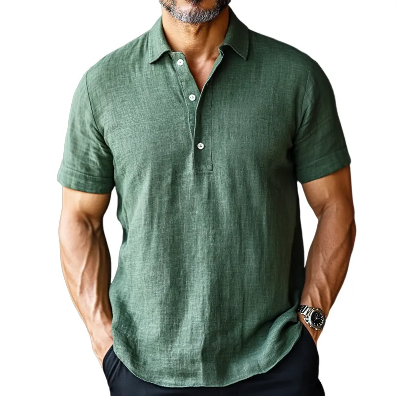 Men's Retro Casual Solid Color Linen Lapel Short Sleeve Shirt 43883447TO sold by Manly