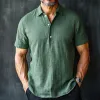 Men's Retro Casual Solid Color Linen Lapel Short Sleeve Shirt 43883447TO sold by Manly