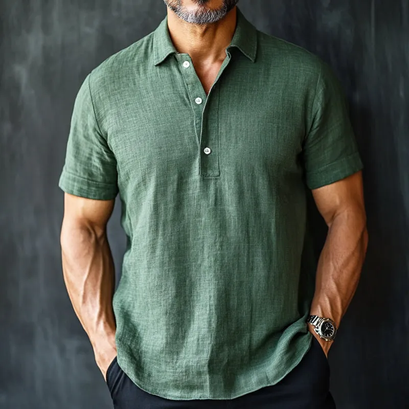 Men's Retro Casual Solid Color Linen Lapel Short Sleeve Shirt 43883447TO sold by Manly product image thumbnail 2