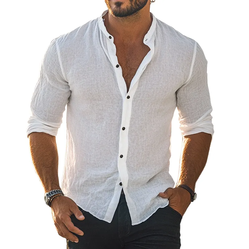 Men's Retro Casual Solid Color Linen Stand Collar Long Sleeve Shirt 32267180TO sold by Manly