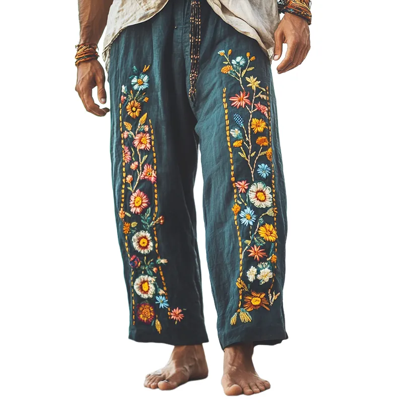 Men's Retro Casual Bohemian Embroidered Linen Trousers 52319141TO sold by Manly