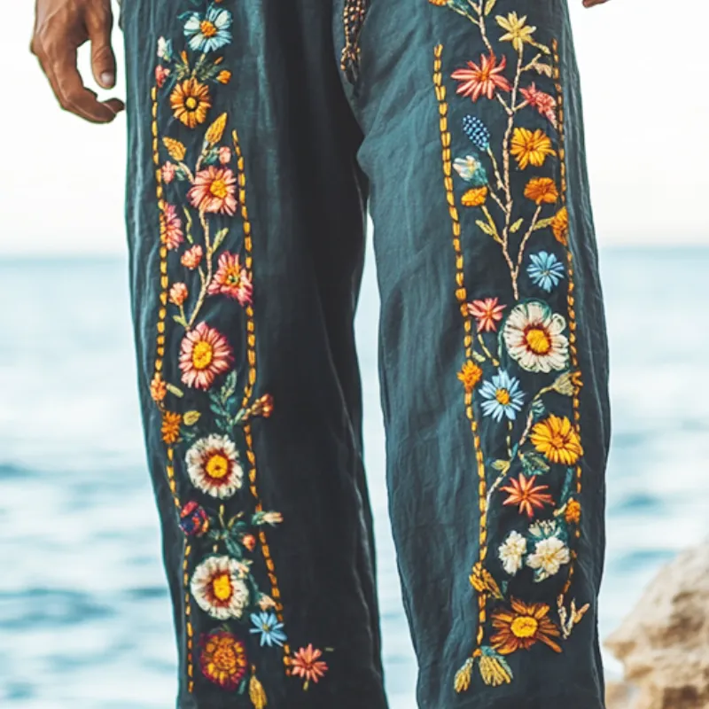 Men's Retro Casual Bohemian Embroidered Linen Trousers 52319141TO sold by Manly product image thumbnail 3