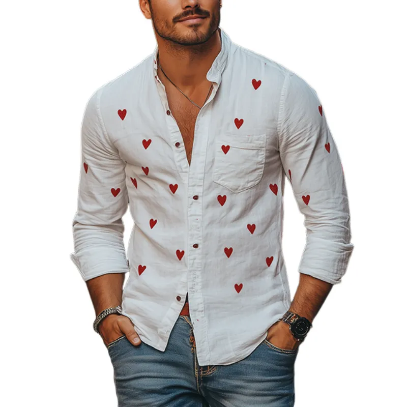 Men's Spring and Summer Casual Love Embroidery Cotton and Linen Long Sleeve Shirt 12656785K sold by Manly