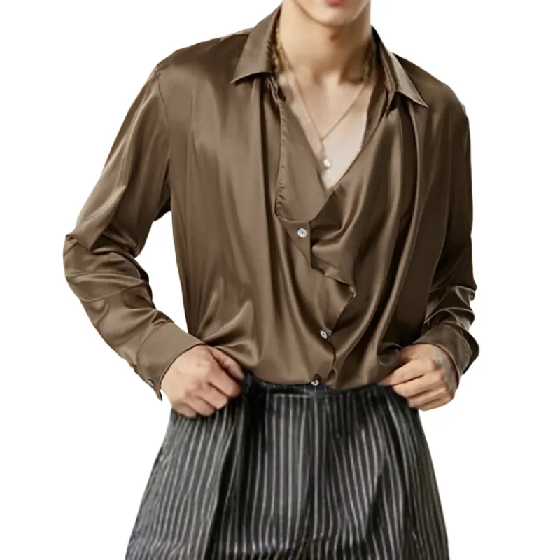 Men's Fashion Spring Summer Swing Collar Satin Long Sleeve Shirt 71023458K sold by Manly