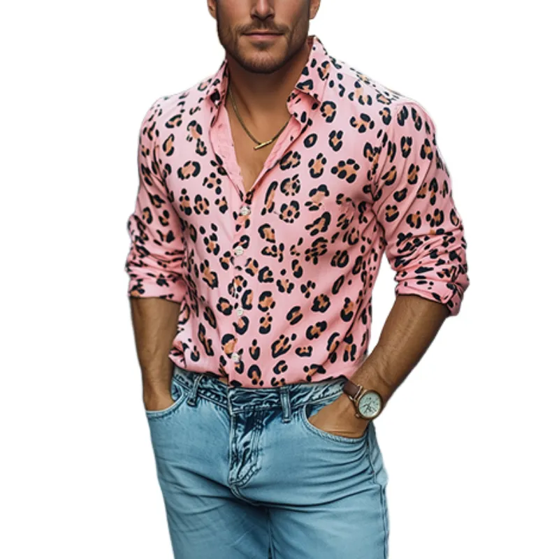 Men's Fashion Casual Leopard Print Slim Fit Long Sleeve Shirt 48319096K sold by Manly