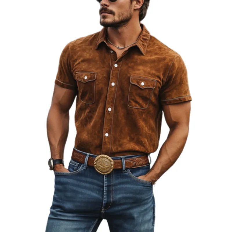 Men's American Retro Western Suede Short Sleeve Shirt 77534733K sold by Manly