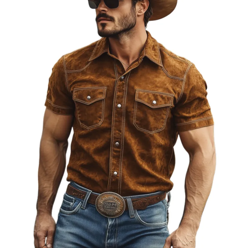 Men's Classic American Retro Western Suede Short Sleeve Shirt 41383783K sold by Manly
