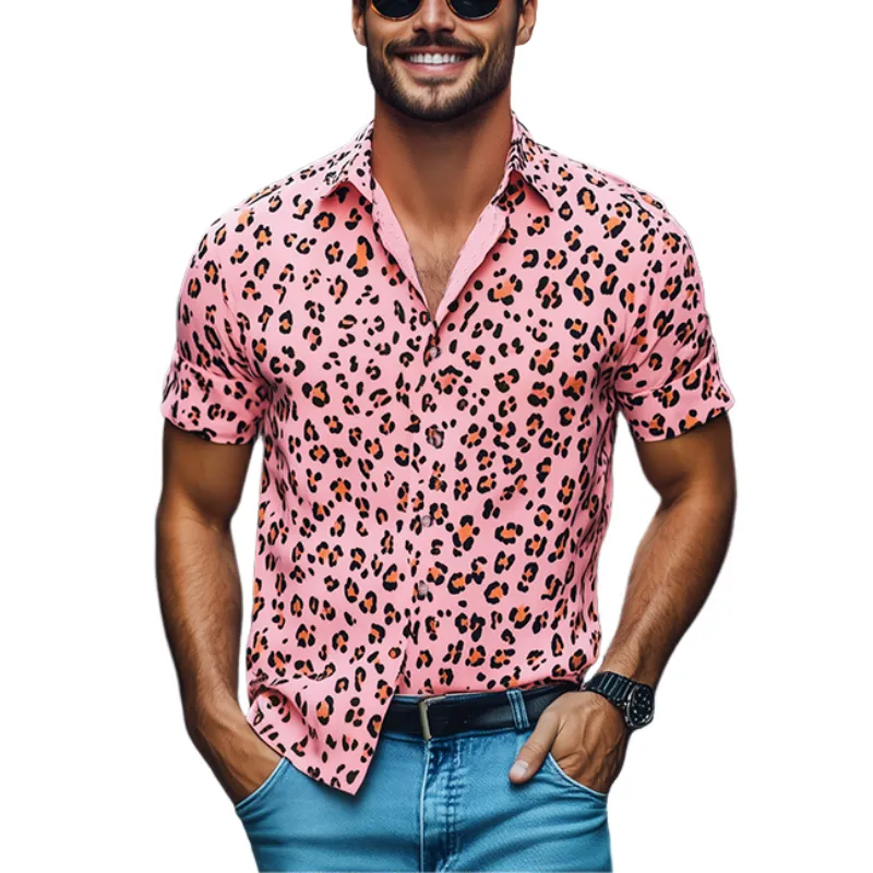 Men's Fashion Spring and Summer Casual Leopard Print Short Sleeve Shirt 84003038K sold by Manly