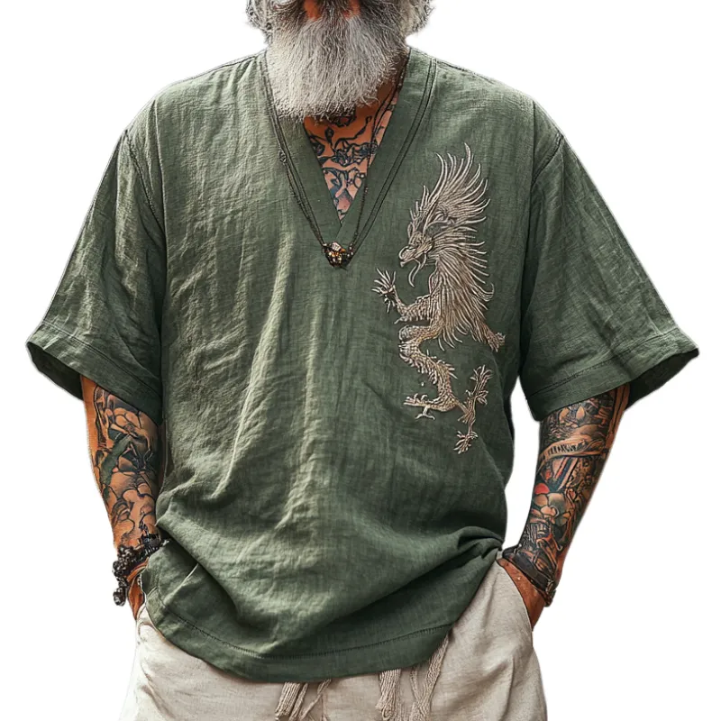 Men's Casual Vintage V-neck Cotton Blend Embroidered Short-sleeved T-shirt 16208860F sold by Manly