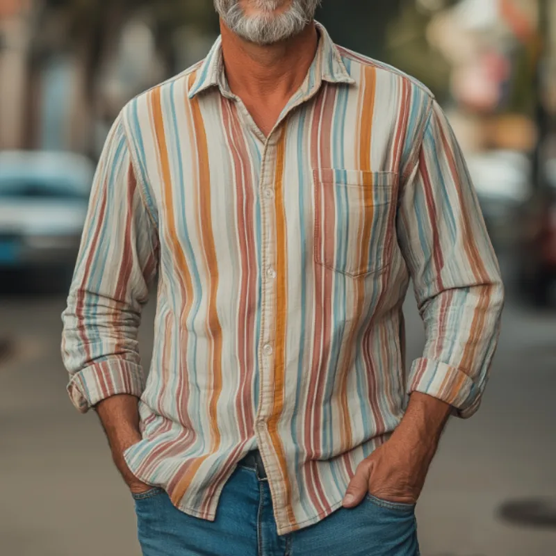 Men's Casual Vintage Lapel Vertical Striped Cotton Blend Long Sleeve Shirt 16654994F sold by Manly product image thumbnail 3