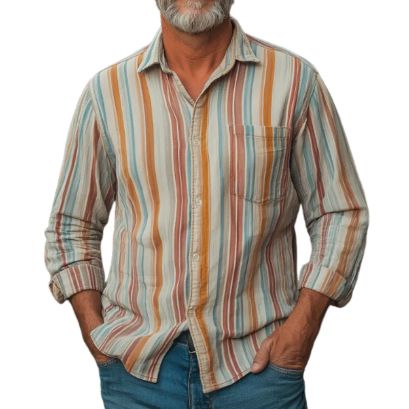Men's Casual Vintage Lapel Vertical Striped Cotton Blend Long Sleeve Shirt 16654994F sold by Manly