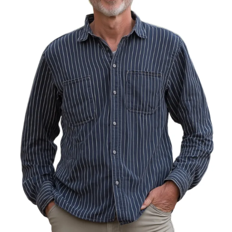 Men's Casual Vintage Lapel Vertical Striped Cotton Blend Long Sleeve Shirt 44475980F sold by Manly