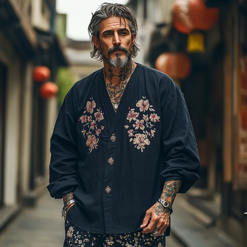 Men's Casual Vintage V-neck Cotton Blend Embroidered Long-sleeved T-shirt 84325948F sold by Manly product image thumbnail 2