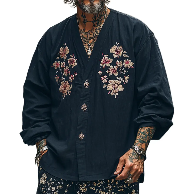 Men's Casual Vintage V-neck Cotton Blend Embroidered Long-sleeved T-shirt 84325948F sold by Manly