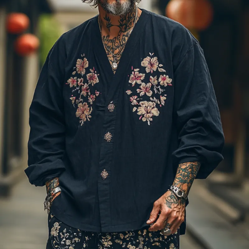 Men's Casual Vintage V-neck Cotton Blend Embroidered Long-sleeved T-shirt 84325948F sold by Manly product image thumbnail 3