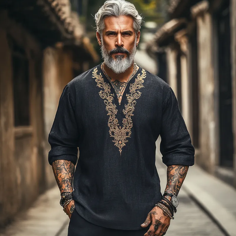 Men's Casual Vintage V-neck Cotton Blend Embroidered Long-sleeved T-shirt 65382588F sold by Manly product image thumbnail 2