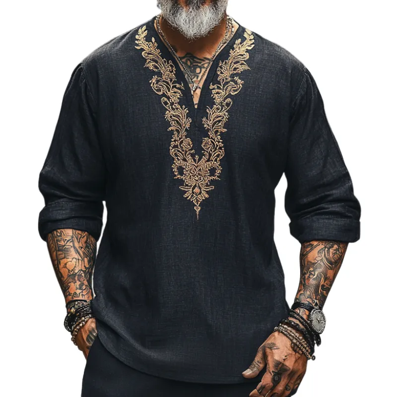 Men's Casual Vintage V-neck Cotton Blend Embroidered Long-sleeved T-shirt 65382588F sold by Manly