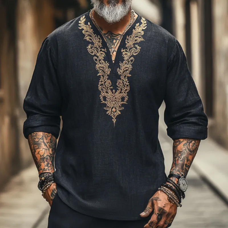 Men's Casual Vintage V-neck Cotton Blend Embroidered Long-sleeved T-shirt 65382588F sold by Manly product image thumbnail 3