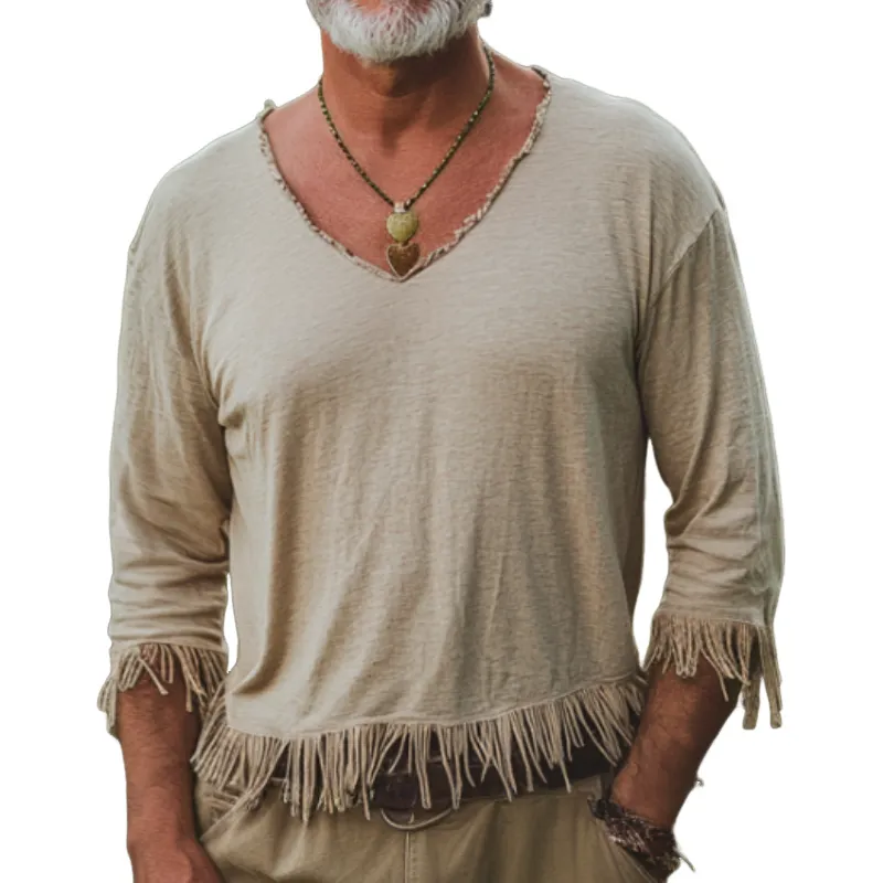 Men's Casual Vintage V-neck Cotton Blend Tassel Raw Edge Long-sleeved T-shirt 59195397F sold by Manly