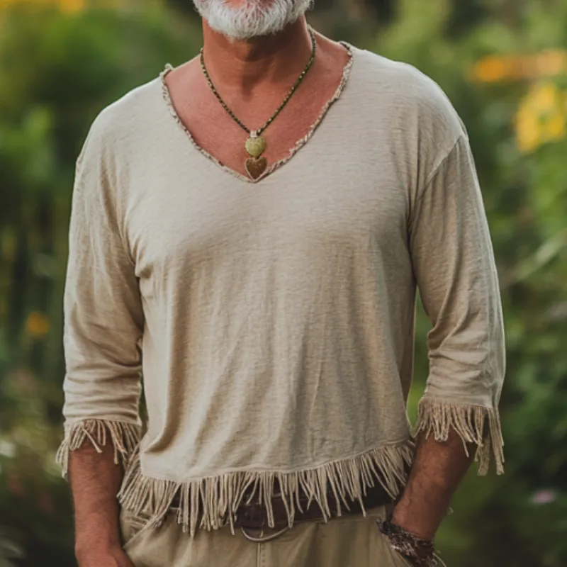 Men's Casual Vintage V-neck Cotton Blend Tassel Raw Edge Long-sleeved T-shirt 59195397F sold by Manly product image thumbnail 3