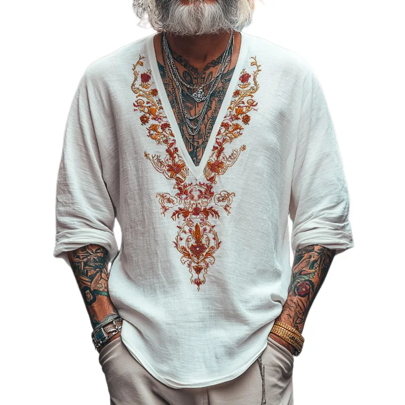 Men's Casual Vintage V-neck Cotton Blend Embroidered Long-sleeved T-shirt 35531763F sold by Manly