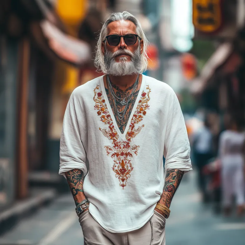 Men's Casual Vintage V-neck Cotton Blend Embroidered Long-sleeved T-shirt 35531763F sold by Manly product image thumbnail 2