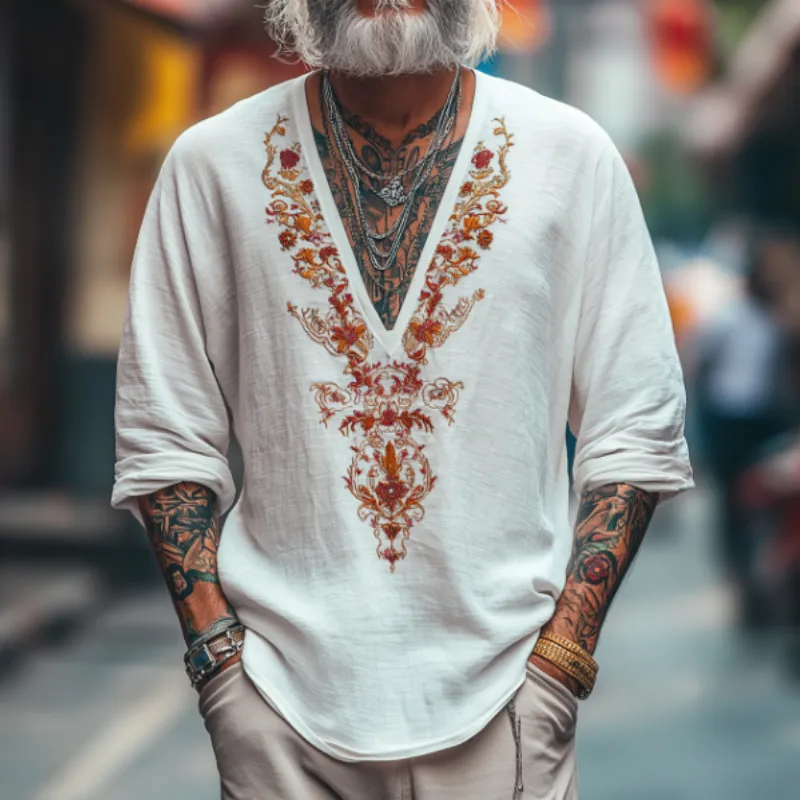 Men's Casual Vintage V-neck Cotton Blend Embroidered Long-sleeved T-shirt 35531763F sold by Manly product image thumbnail 3