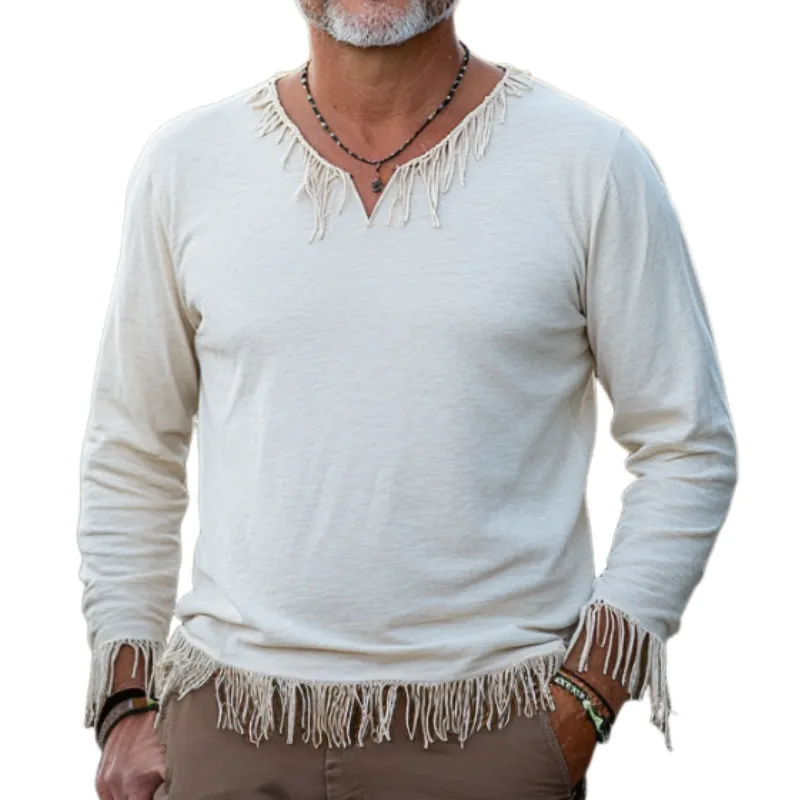 Men's Casual Vintage V-neck Cotton Blend Tassel Raw Edge Long-sleeved T-shirt 47344015F sold by Manly